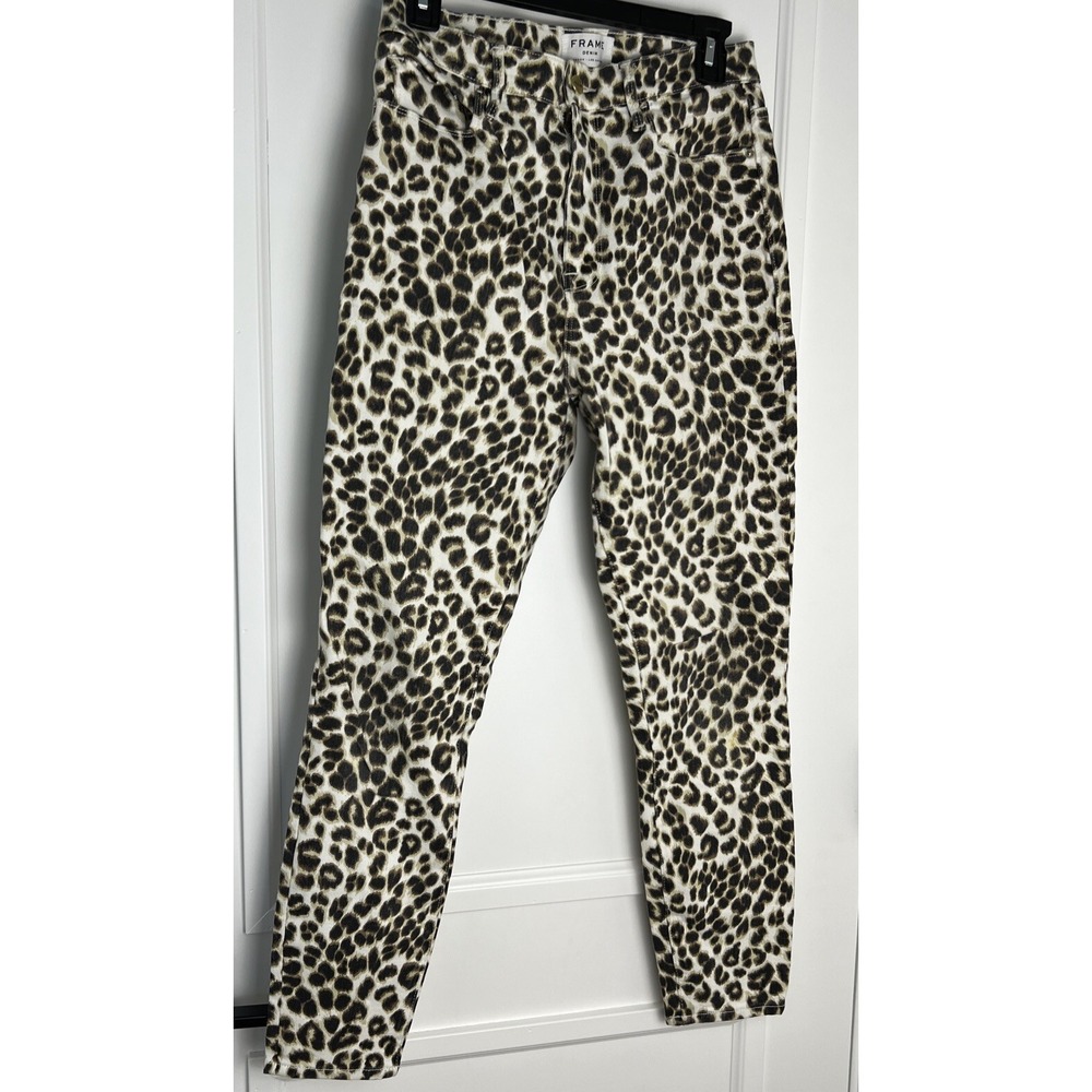 FRAME Ali High Rise Cigarette Yellow Leopard Print Skinny Denim Jeans Womens 28